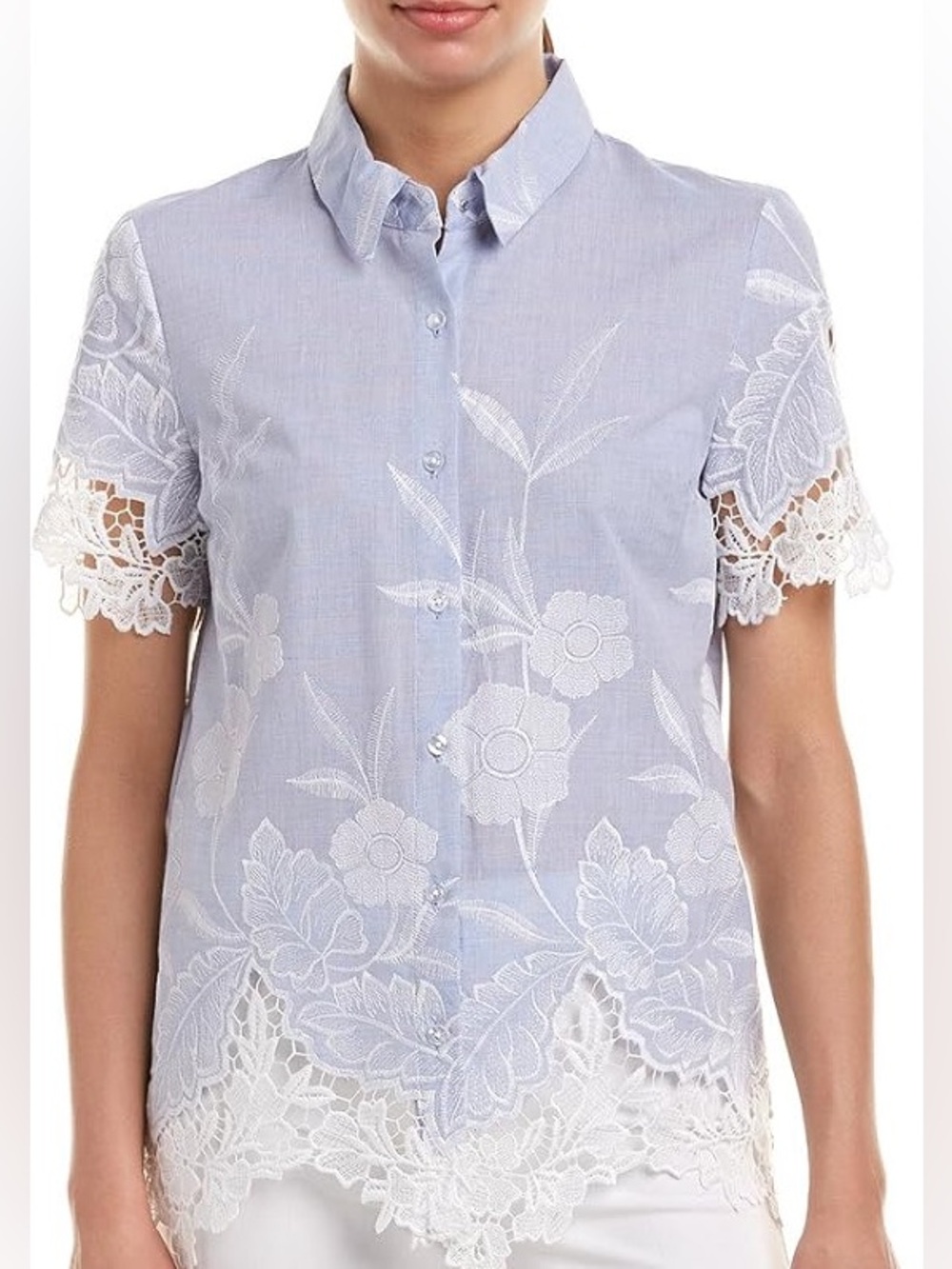 Tahari Light Blue Lace-Trim Button-Down Shirt - Womens size Large